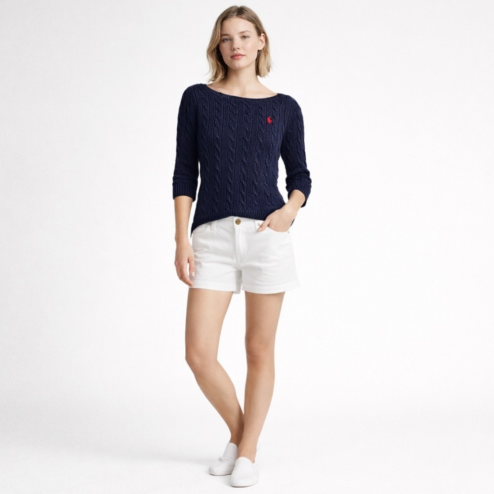 Ralph Lauren Sport Sweater Womens Medium *Runs Small - Navy Cable Knit Cotton